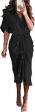 BTFBM Women Button Down Ruched Shirt Dresses Satin Short Sleeve Lapel V Neck Summer Maxi Dress 2025 Party Wedding Guest