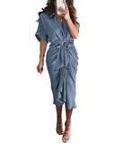 BTFBM Women Button Down Ruched Shirt Dresses Satin Short Sleeve Lapel V Neck Summer Maxi Dress 2025 Party Wedding Guest
