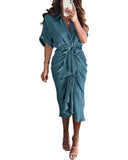 BTFBM Women Button Down Ruched Shirt Dresses Satin Short Sleeve Lapel V Neck Summer Maxi Dress 2025 Party Wedding Guest