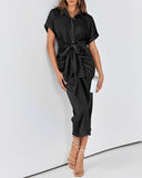 BTFBM Women Button Down Ruched Shirt Dresses Satin Short Sleeve Lapel V Neck Summer Maxi Dress 2025 Party Wedding Guest