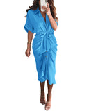 BTFBM Women Button Down Ruched Shirt Dresses Satin Short Sleeve Lapel V Neck Summer Maxi Dress 2025 Party Wedding Guest