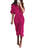 BTFBM Women Button Down Ruched Shirt Dresses Satin Short Sleeve Lapel V Neck Summer Maxi Dress 2025 Party Wedding Guest