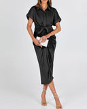 BTFBM Women Button Down Ruched Shirt Dresses Satin Short Sleeve Lapel V Neck Summer Maxi Dress 2025 Party Wedding Guest