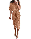 BTFBM Women Button Down Ruched Shirt Dresses Satin Short Sleeve Lapel V Neck Summer Maxi Dress 2025 Party Wedding Guest