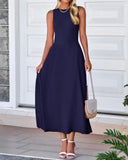 BTFBM Women Midi Bodycon Tank Dress Summer Crewneck Sleeveless Pleated A Line Business Casual Knit Sweater Fall Dresses