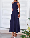 BTFBM Women Midi Bodycon Tank Dress Summer Crewneck Sleeveless Pleated A Line Business Casual Knit Sweater Fall Dresses