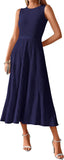 BTFBM Women Midi Bodycon Tank Dress Summer Crewneck Sleeveless Pleated A Line Business Casual Knit Sweater Fall Dresses
