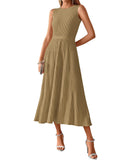 BTFBM Women Midi Bodycon Tank Dress Summer Crewneck Sleeveless Pleated A Line Business Casual Knit Sweater Fall Dresses