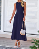 BTFBM Women Midi Bodycon Tank Dress Summer Crewneck Sleeveless Pleated A Line Business Casual Knit Sweater Fall Dresses