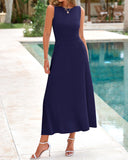 BTFBM Women Midi Bodycon Tank Dress Summer Crewneck Sleeveless Pleated A Line Business Casual Knit Sweater Fall Dresses