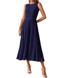 BTFBM Women Midi Bodycon Tank Dress Summer Crewneck Sleeveless Pleated A Line Business Casual Knit Sweater Fall Dresses