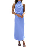 BTFBM Women Sleeveless Cocktail Dresses Fall Mock Neck Keyhole Elastic High Waist Evening Party Maxi Wedding Guest Dress
