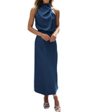 BTFBM Women Sleeveless Cocktail Dresses Fall Mock Neck Keyhole Elastic High Waist Evening Party Maxi Wedding Guest Dress