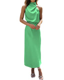 BTFBM Women Sleeveless Cocktail Dresses Fall Mock Neck Keyhole Elastic High Waist Evening Party Maxi Wedding Guest Dress