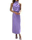 BTFBM Women Sleeveless Cocktail Dresses Fall Mock Neck Keyhole Elastic High Waist Evening Party Maxi Wedding Guest Dress