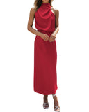 BTFBM Women Sleeveless Cocktail Dresses Fall Mock Neck Keyhole Elastic High Waist Evening Party Maxi Wedding Guest Dress