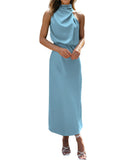 BTFBM Women Sleeveless Cocktail Dresses Fall Mock Neck Keyhole Elastic High Waist Evening Party Maxi Wedding Guest Dress