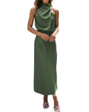 BTFBM Women Sleeveless Cocktail Dresses Fall Mock Neck Keyhole Elastic High Waist Evening Party Maxi Wedding Guest Dress