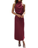 BTFBM Women Sleeveless Cocktail Dresses Fall Mock Neck Keyhole Elastic High Waist Evening Party Maxi Wedding Guest Dress