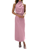 BTFBM Women Sleeveless Cocktail Dresses Fall Mock Neck Keyhole Elastic High Waist Evening Party Maxi Wedding Guest Dress