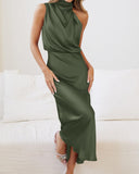 BTFBM Women Sleeveless Cocktail Dresses Fall Mock Neck Keyhole Elastic High Waist Evening Party Maxi Wedding Guest Dress