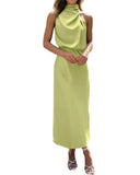 BTFBM Women Sleeveless Cocktail Dresses Fall Mock Neck Keyhole Elastic High Waist Evening Party Maxi Wedding Guest Dress