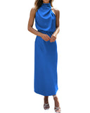 BTFBM Women Sleeveless Cocktail Dresses Fall Mock Neck Keyhole Elastic High Waist Evening Party Maxi Wedding Guest Dress