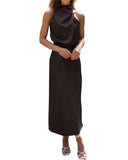 BTFBM Women Sleeveless Cocktail Dresses Fall Mock Neck Keyhole Elastic High Waist Evening Party Maxi Wedding Guest Dress