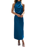 BTFBM Women Sleeveless Cocktail Dresses Fall Mock Neck Keyhole Elastic High Waist Evening Party Maxi Wedding Guest Dress