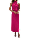BTFBM Women Sleeveless Cocktail Dresses Fall Mock Neck Keyhole Elastic High Waist Evening Party Maxi Wedding Guest Dress