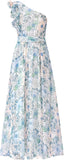 BTFBM Women Summer One Shoulder Floral Wedding Guest Dresses Sleeveless Smocked Ruffle Flowy Beach Vacation Maxi Dress
