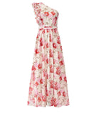 BTFBM Women Summer One Shoulder Floral Wedding Guest Dresses Sleeveless Smocked Ruffle Flowy Beach Vacation Maxi Dress