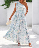 BTFBM Women Summer One Shoulder Floral Wedding Guest Dresses Sleeveless Smocked Ruffle Flowy Beach Vacation Maxi Dress