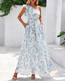 BTFBM Women Summer One Shoulder Floral Wedding Guest Dresses Sleeveless Smocked Ruffle Flowy Beach Vacation Maxi Dress