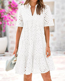 BTFBM Womens Boho Summer Dresses 2025 Resort V Neck Short Sleeve Hollow Out Lace Ruffle Casual Beach Mini Vacation Dress