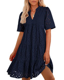 BTFBM Womens Boho Summer Dresses 2025 Resort V Neck Short Sleeve Hollow Out Lace Ruffle Casual Beach Mini Vacation Dress