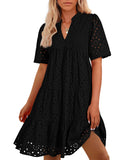 BTFBM Womens Boho Summer Dresses 2025 Resort V Neck Short Sleeve Hollow Out Lace Ruffle Casual Beach Mini Vacation Dress