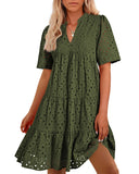 BTFBM Womens Boho Summer Dresses 2025 Resort V Neck Short Sleeve Hollow Out Lace Ruffle Casual Beach Mini Vacation Dress