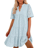 BTFBM Womens Boho Summer Dresses 2025 Resort V Neck Short Sleeve Hollow Out Lace Ruffle Casual Beach Mini Vacation Dress