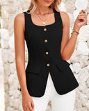 BTFBM Womens Sleeveless Suit Vests Dressy Casual Square Neck Business Work Waistcoat Summer Button Up Blazer Vest Tops
