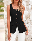 BTFBM Womens Sleeveless Suit Vests Dressy Casual Square Neck Business Work Waistcoat Summer Button Up Blazer Vest Tops