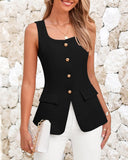 BTFBM Womens Sleeveless Suit Vests Dressy Casual Square Neck Business Work Waistcoat Summer Button Up Blazer Vest Tops