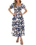 BTFBM Womens Square Neck Smocked Dress Summer Puff Short Sleeve Floral Casual Ruffle Tiered Maxi Wedding Guest Dresses