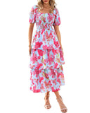 BTFBM Womens Square Neck Smocked Dress Summer Puff Short Sleeve Floral Casual Ruffle Tiered Maxi Wedding Guest Dresses