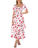 BTFBM Womens Square Neck Smocked Dress Summer Puff Short Sleeve Floral Casual Ruffle Tiered Maxi Wedding Guest Dresses