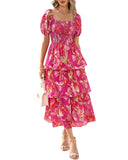 BTFBM Womens Square Neck Smocked Dress Summer Puff Short Sleeve Floral Casual Ruffle Tiered Maxi Wedding Guest Dresses