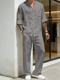 Mens Solid-Color Linen Long-Sleeve Shirt And Pants Two-Piece Set
