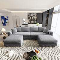 104.3 ' Plush Corduroy 4-Seat Sofa, Modern Comfy Upholstered Sofa Cloud Couch, Deep Seat Couches with Soft Pillows and 3 Ottomans, Convertible Sofa Lounge Chair, for Living Room,Apartment,Office,Grey