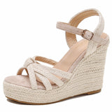 ZodyBoer Wedge Sandals for Women with Woven Raffia Upper High Heel Espadrille Platform Sandals with Braided Knot Ankle Strap Sandals Beige Size 7.5