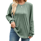 Solid-color Crew-neck Loose-fitting Long-sleeve T-shirt For Women